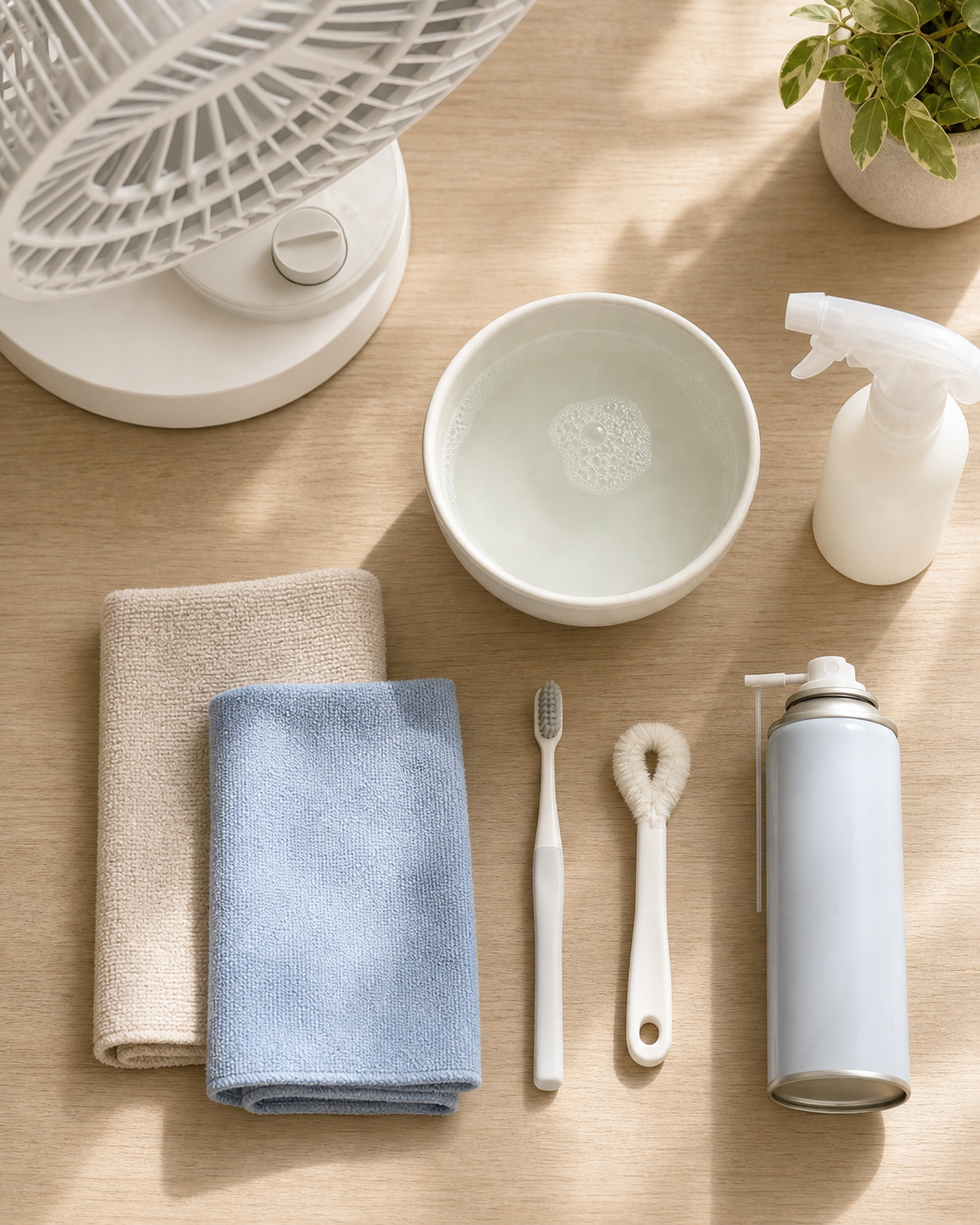 summer-fan-deep-clean-maintenance-guide — maintenance fan cleaning tools flatlay